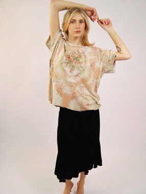 90s Collage Blouse (20) beige vintage womens top plus size rhinestone regency